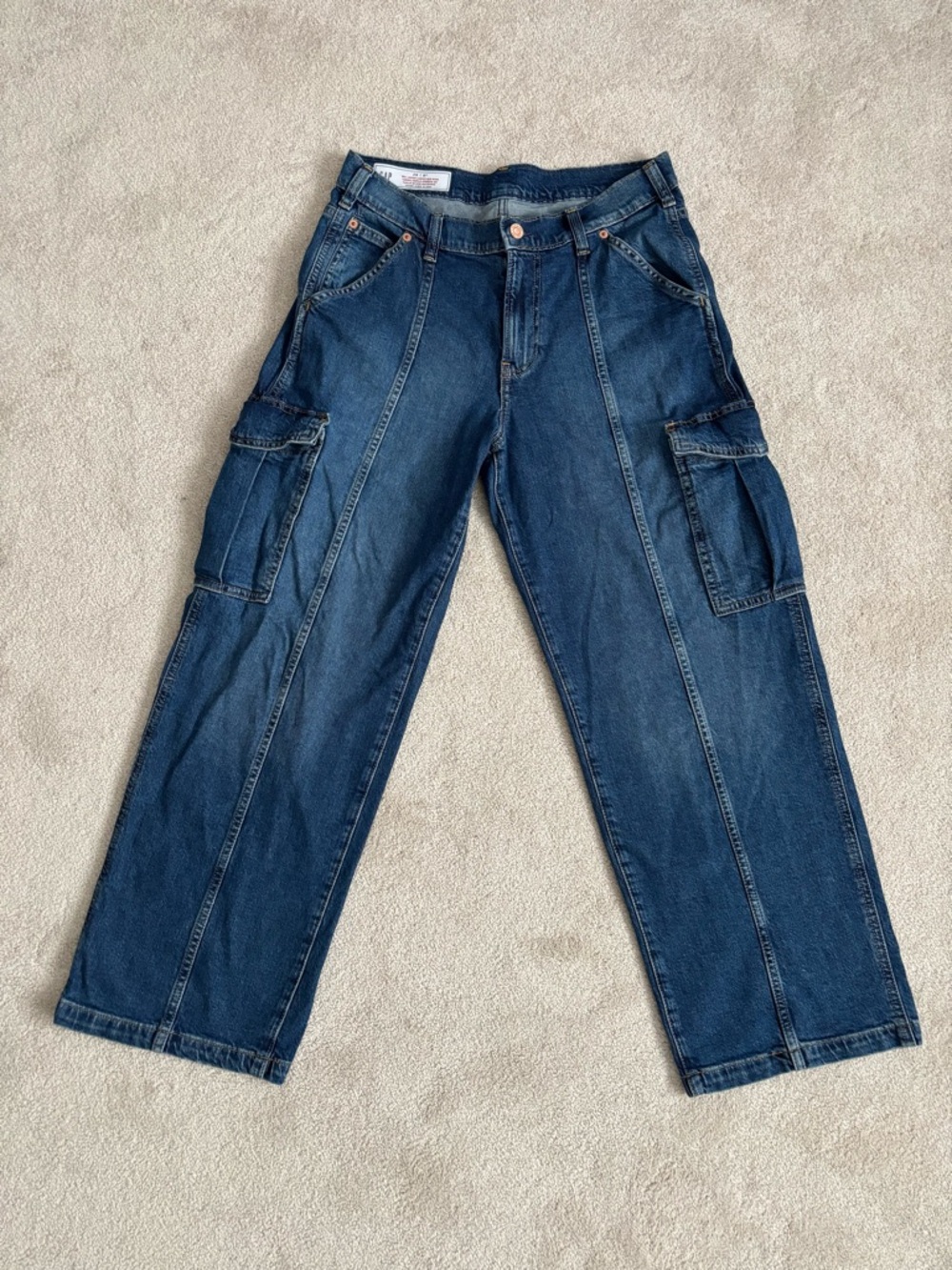 GAP ‘90s Loose Cargo Mid Rise Jeans Dark Wash Seam Front Petite 29 / 8P